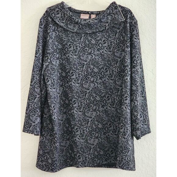 TOP/TUNIC STYLE-CHICO'S-Black Metallic Paisley-Long Length-Chico's Size 3 /LRG - Picture 1 of 15